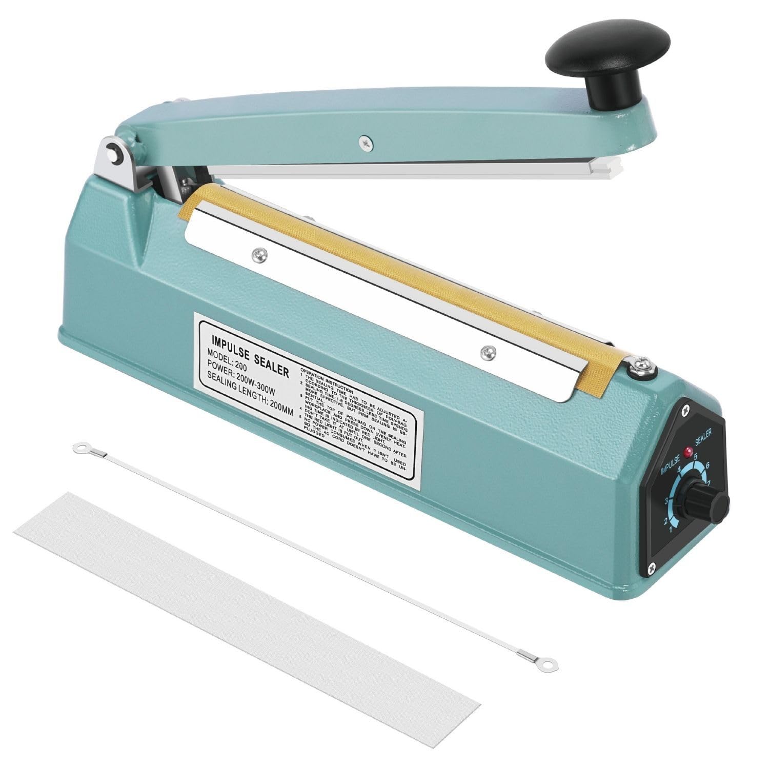 Flexzion 200mm (8") Impulse Sealer (300w)- Manual Plastic Poly Bag Heat Sealing Machine Closer Kit w/Adjustable Timer, Portable with Free Replacement Element Grip and Teflon Tape