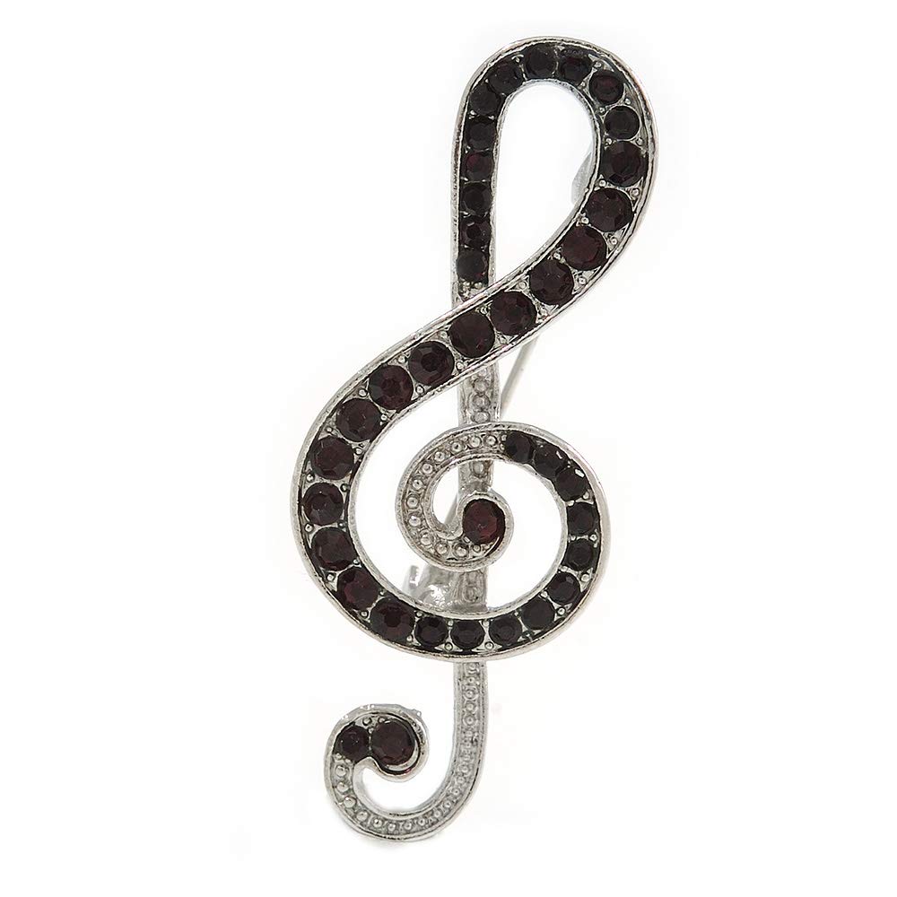 Deep Purple Crystal Treble Clef Brooch In Silver Tone Metal - 45mm Long