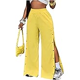 Verdusa Women's Button Down Slit Wide Leg Pants Streetwear Loose Trousers with Pockets