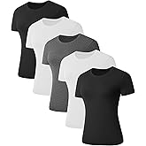 Kinglaman 5 Pack Women's Short Sleeve Basic T Shirts Tees, Slim Fit Crew Neck Tshirt Summer Tops for Casual Workout Trendy