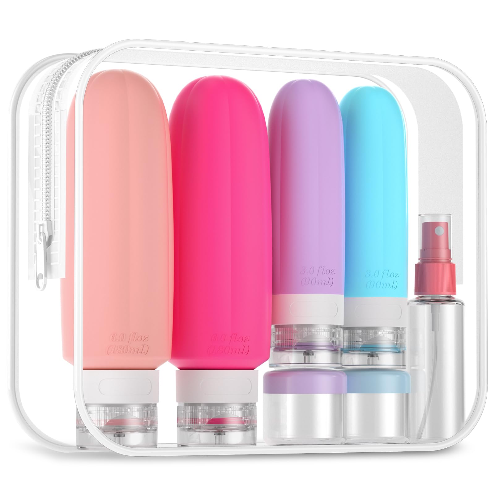 Gemice 16 Pack Travel Bottles Set, CAA Approved Leak Proof Silicone Squeezable Containers for Toiletries, Refillable Accessories 180ml 90ml for Conditioner, Shampoo, Lotion & Body Wash (BPA Free)