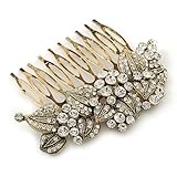 Vintage Inspired Bridal/ Wedding/ Prom/ Party Austrian Clear Crystal 'Leaves & Flowers' Hair Comb In Antique Gold Metal - 80mm