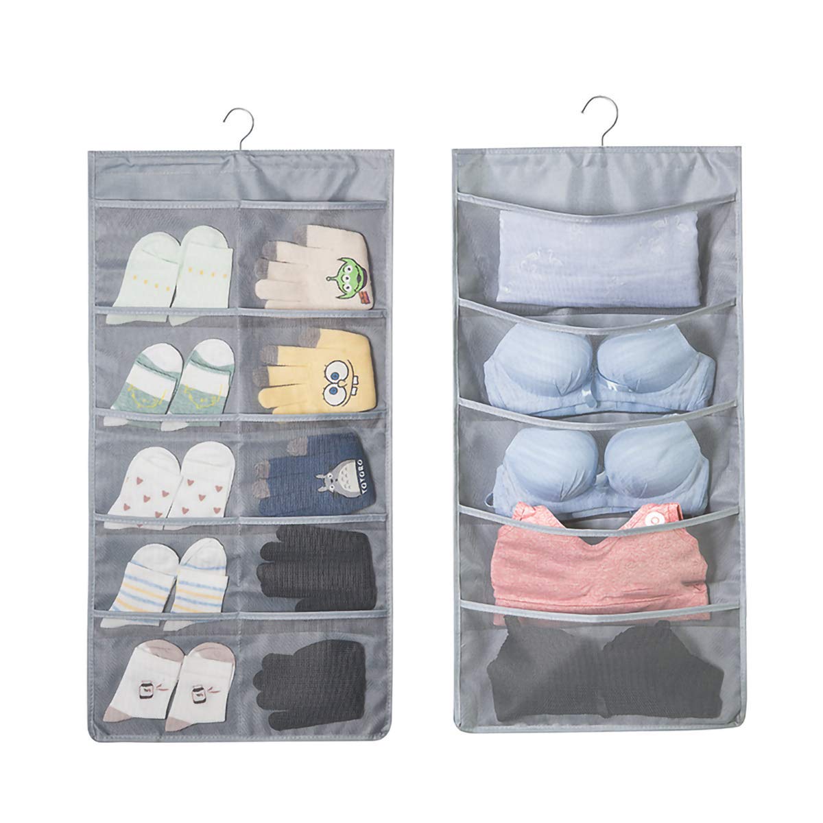 Bingo Trade Hanging Wardrobe Storage Organiser - 15 Pockets Hanging Clothes Storage Organiser for Bra Underwear Socks Ties,Double-Sided Space-Saving Wardrobe Hanger Bag (Gray - 15 Pockets)