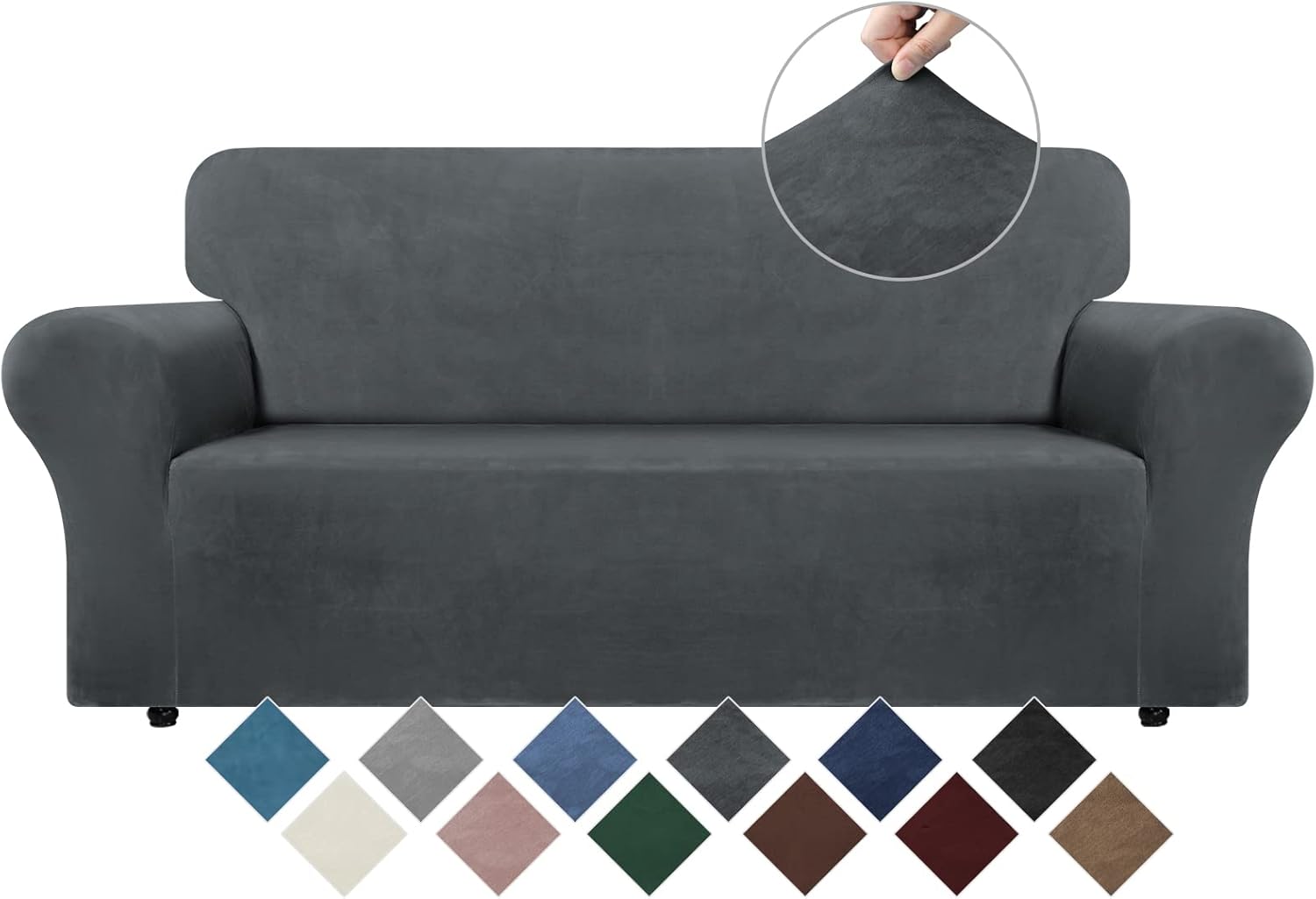 Slipcovers - WEERRW Velvet Couch Cover - High Stretch Sofa Slipcovers with Non Skid Foam and Elastic Bottom, Furniture Protector for Pets, Crafted from Soft Plush Fabric, Dark Grey, Medium