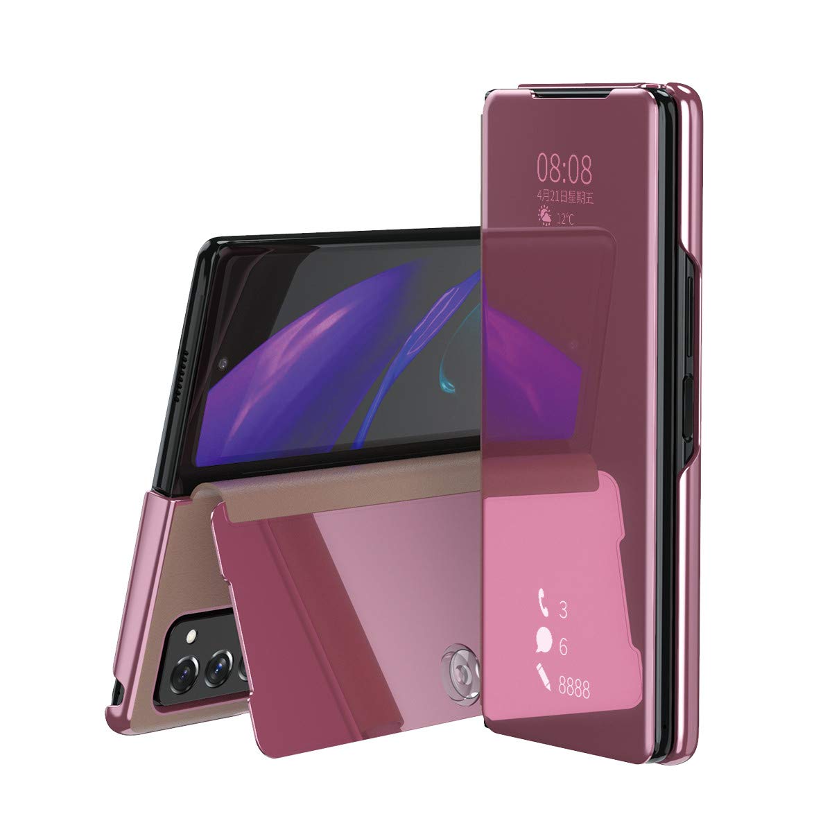 FTRONGRT Case for Samsung Galaxy Z Fold 2，Mirrored flip smart translucent case with automatic switch for Samsung Galaxy Z Fold 2-Rose gold