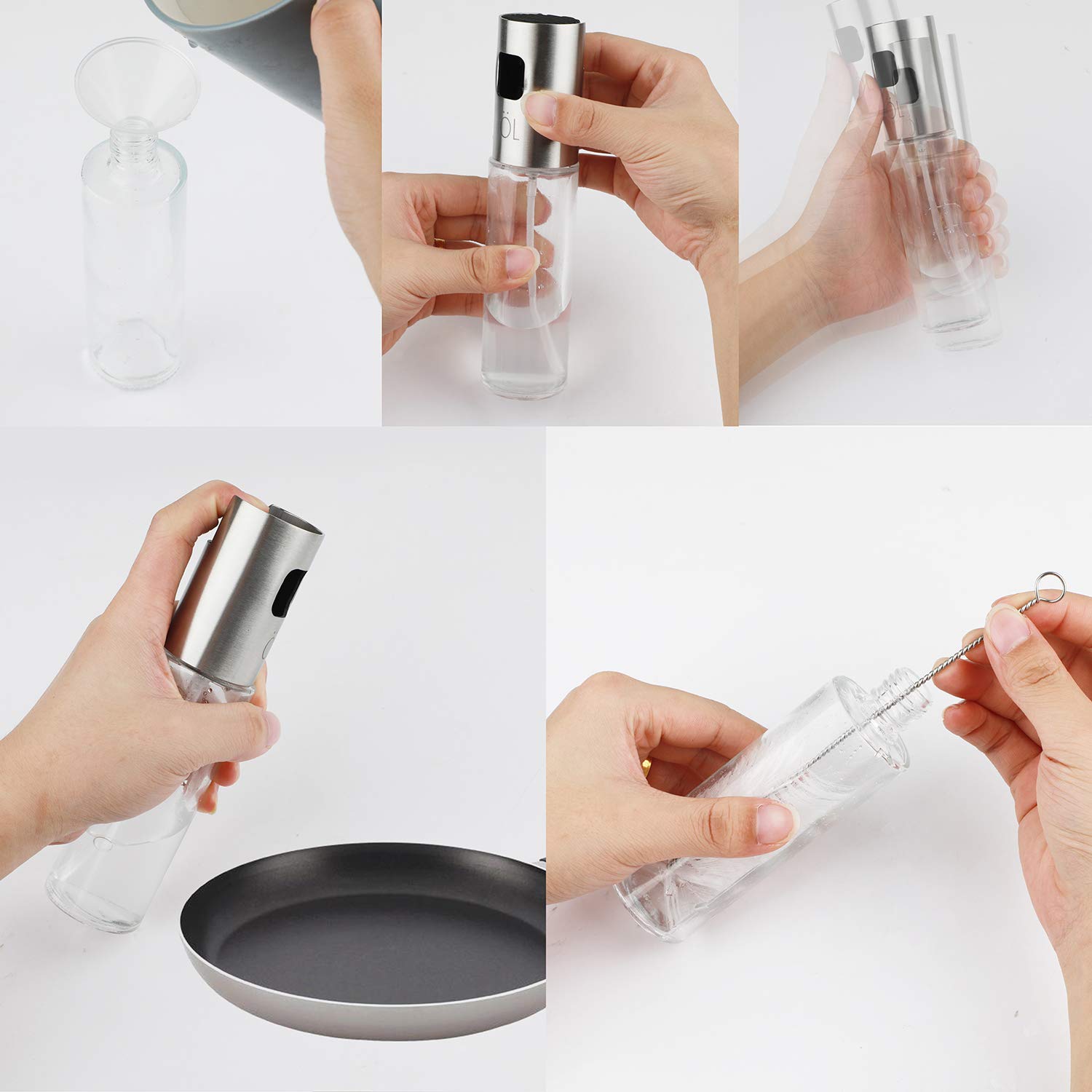 Oil Sprayer Dispenser Oil Spray Bottle Vinegar Sprayer/Dispenser with Plastic Funnel + Cleaning Brush Transparent Glass&Stainless Steel 100ml for BBQ,Frying,Baking,Salad