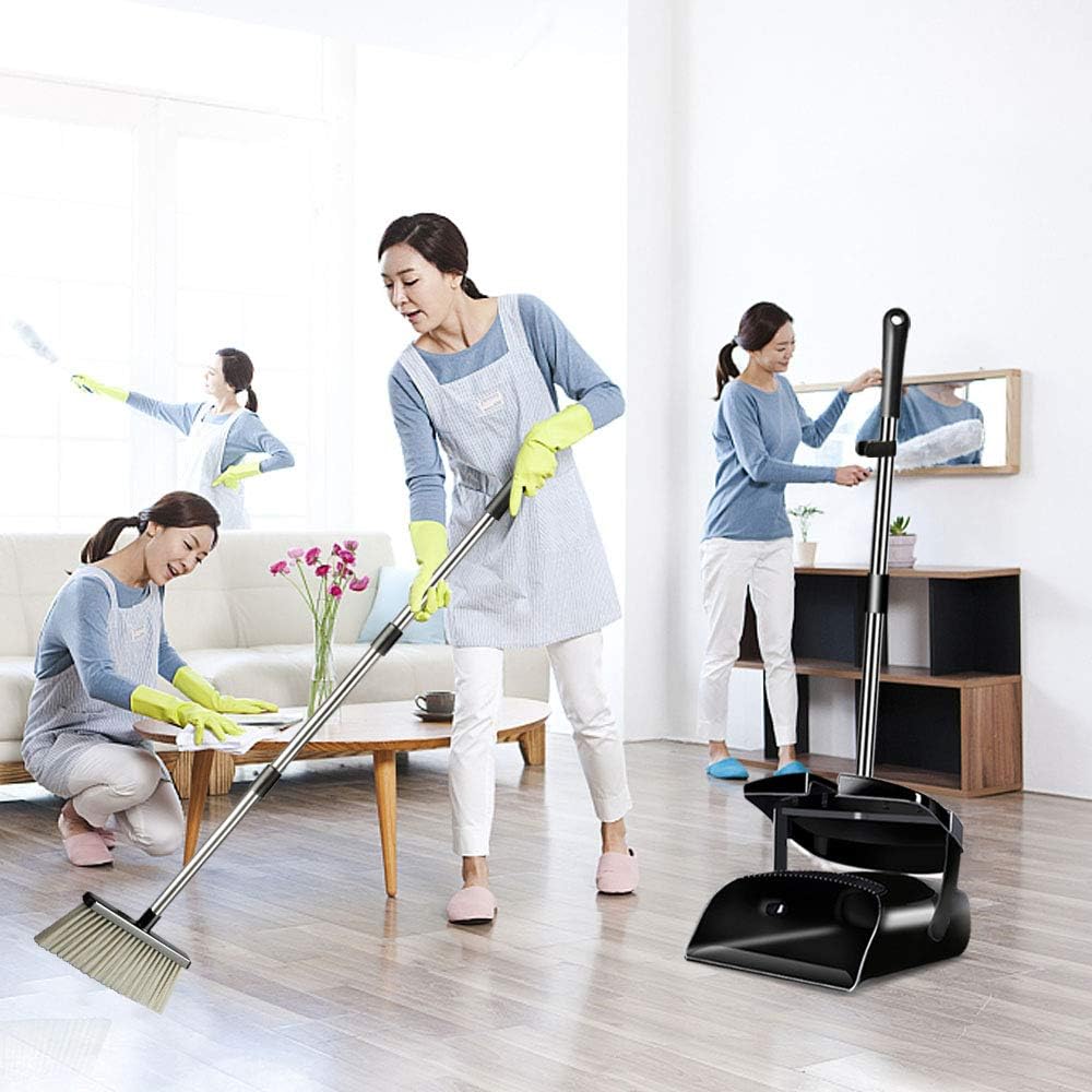 Broom and Dustpan Set with Lid, Stainless Steel Long Handle and Light Weight Lobby Broom Combo, Upright Dust Pan Ideal for Home, Kitchen, Room, Office Use by QJQBMAI: Health & Personal Care