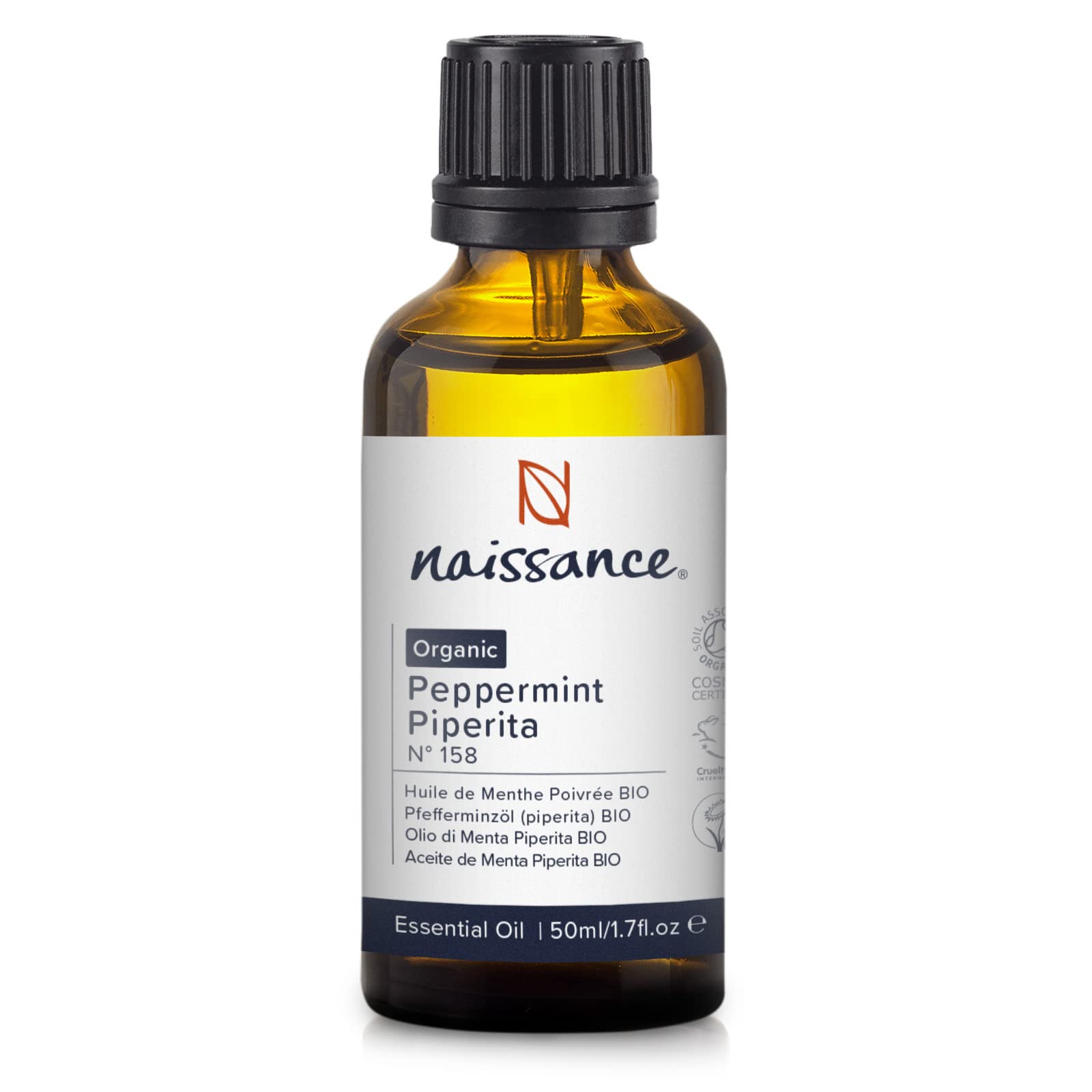 Naissance Organic Peppermint (Piperita) Essential Oil (No. 158) - 50ml - Pure, Natural, Certified Organic, Cruelty Free, Vegan and Undiluted - for Aromatherapy, Humidifiers & Diffusers