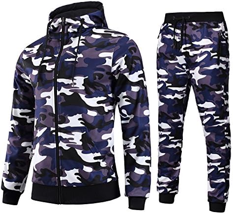 AIRAVATA Men's Fashion Workout Tracksuit Zip up Camo Hoodies with Joggers Pants Set