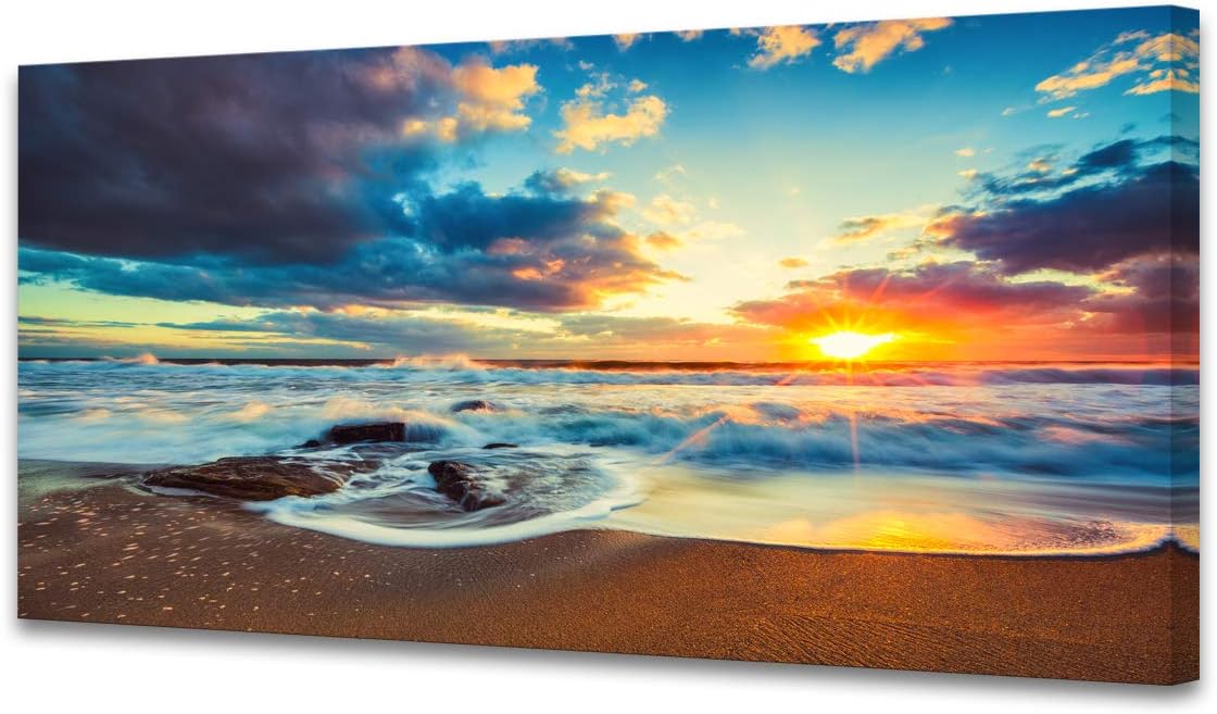 S04462 Wall Art Canvas Print Beautiful Cloudy Sunset Sky Scenery Ocean Picture Paintings on Canvas Sea Waves Beach Modern Artwork Framed Ready to Hang for Living Room Wall Decor Home Office 24x48inch