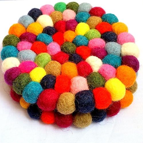 1 Pair Felt Ball Tea and Beverage Coasters - 10cm Genuine Mimosa Hand Felted Multicolour Woollen Round Coaster