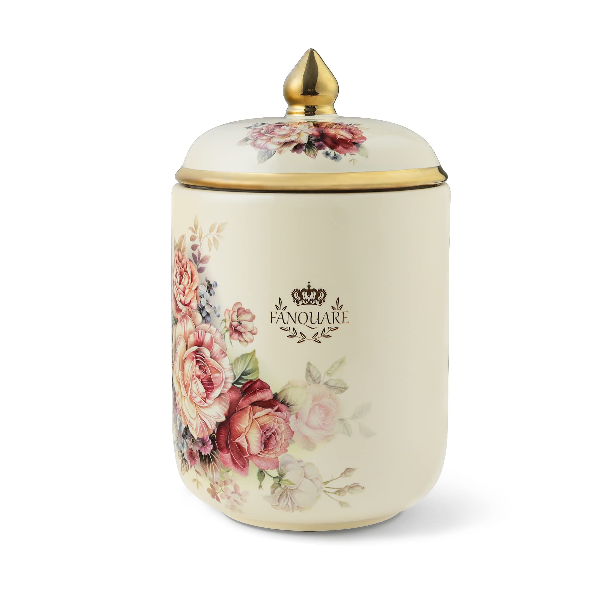 fanquare 19cm Floral Ceramic Storage Jar, Gold Kitchen Storage Canister, Home Kitchen Dining Decoration Jar with Lid 900ml