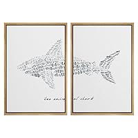 SIGNWIN Framed Wall Art Print Set Great White Shark Outline Line Art Duotone Animals Sealife Illustrations Modern Decorative Elements Dramatic for Living Room, Bedroom, Office - 16