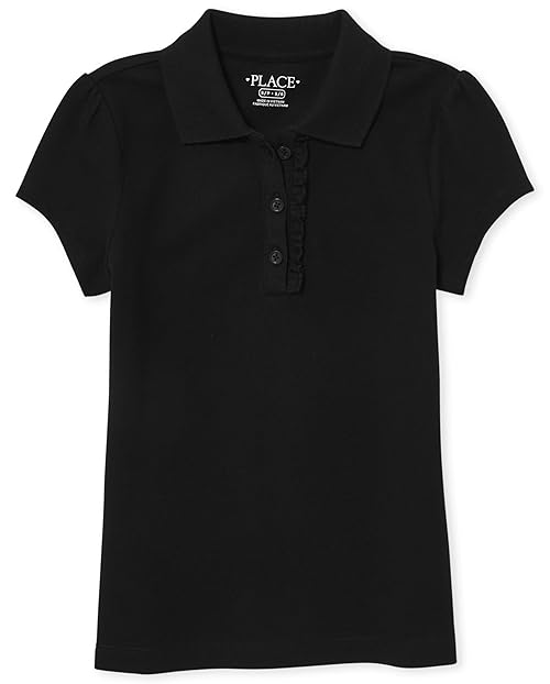 The Children's Place girls Short Sleeve Ruffle Pique School Uniform Polo Shirt, Black, Large US
