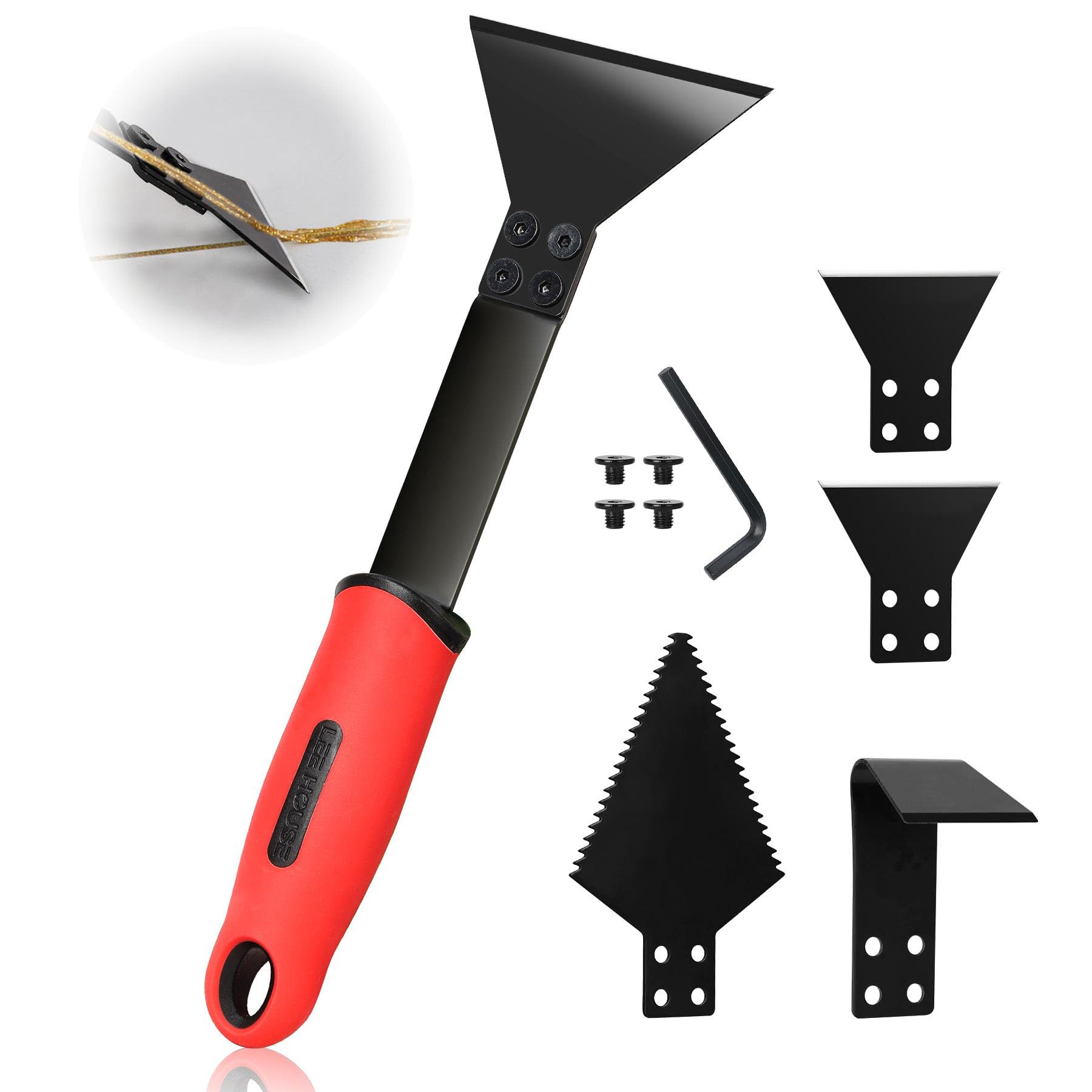 Photo 1 of 1 Caulk Remover Tool Set ?with 5-piece Blades - 8.7 Inch Industrial Floor Scraper Tool with Long-Handle, Replaceable Silicone Caulking Tool Kit for Glass Caulk, Adhesive, Sink Joint,Tiles, Walls