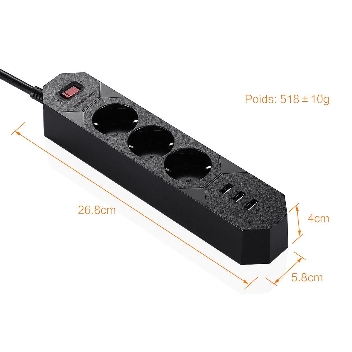 Poweradd Multiprise Parasurtenseur / parafoudre 3 Strip avec 3 ports USB de recharge, cordon 1.8 mètres