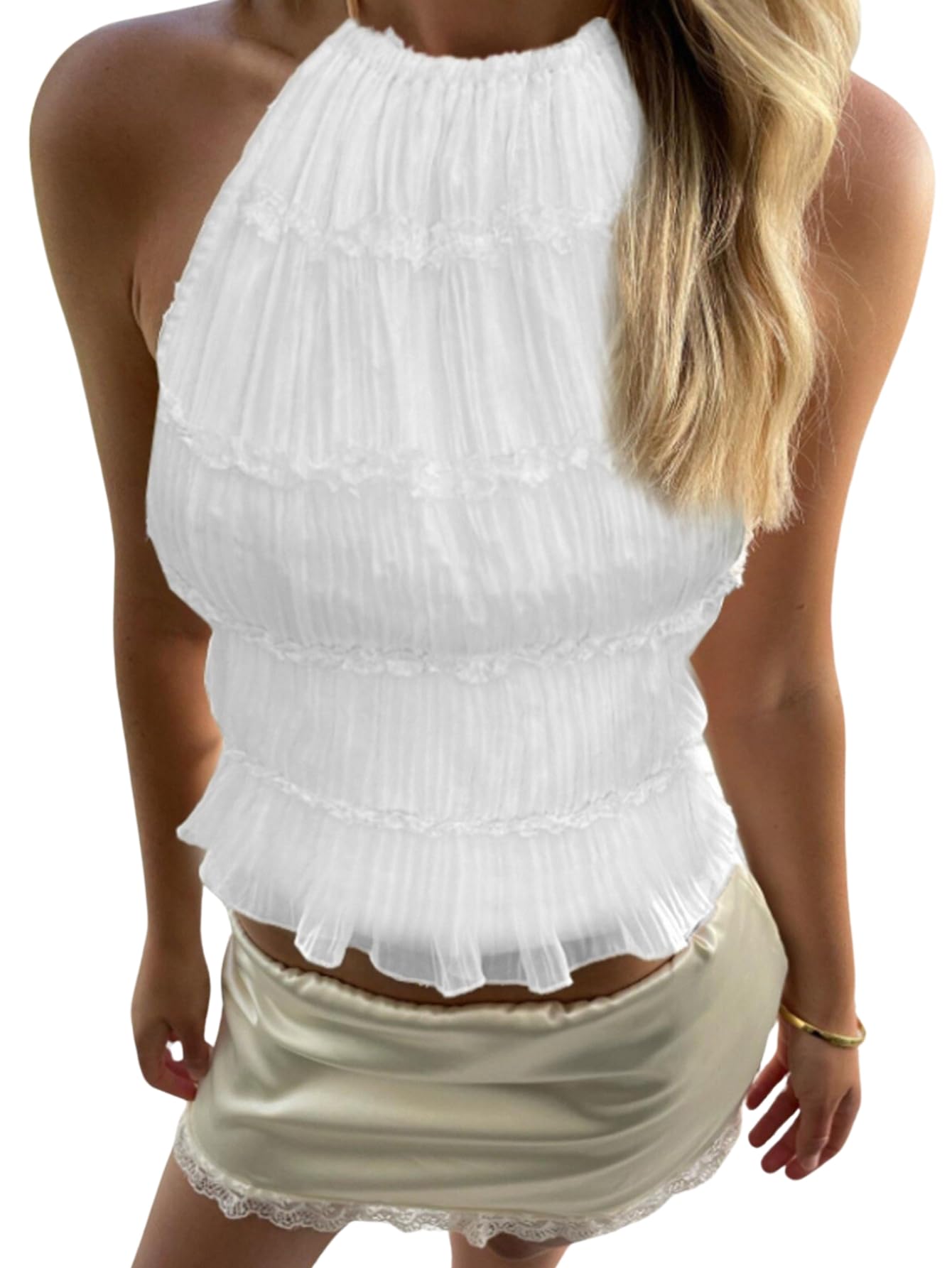 Photo 1 of **DIRTY NEEDS CLEANING**  SOLY HUX Open Back Halter Tops for Women Tie Backless Ruffle Crop Tops Sleeveless Y2K Going Out Camisoles Solid White Small