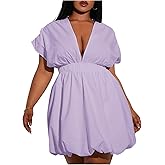 WDIRARA Women's Plus Size Deep V Neck Bubble Dress Short Sleeve A Line Mini Dresses
