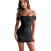 RYANTH Off Shoulder Sequin Homecoming Dresses for Teens 2025 Sparkly Tight Prom Dress Bodycon Mini Cocktail Party Gown