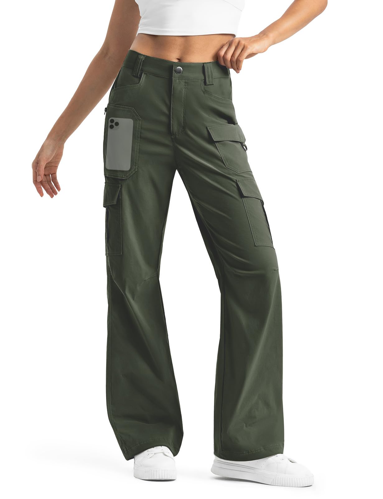 Photo 1 of Moosehill Women's-Cargo-Hiking-Pants-High-Waisted Wide Leg Water Resistance Lightweight Stretch for Work Casual Outdoor (Army Green, 10, 30")