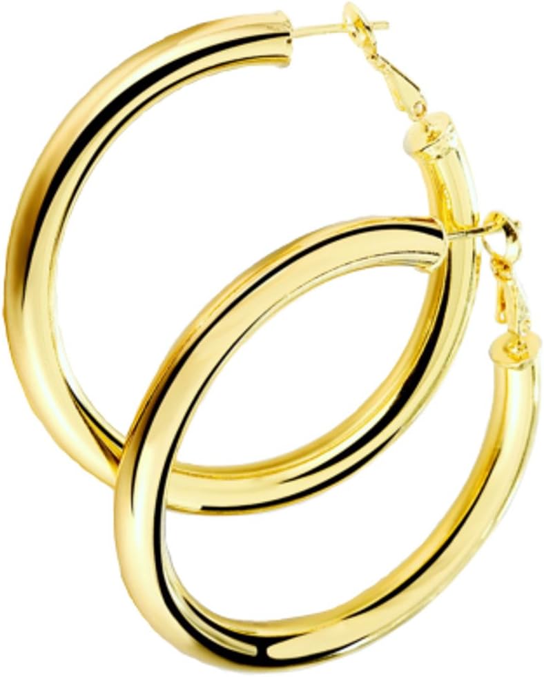 18K Gold Polished Fashion High-profile Hoop Earrings with Omega Backs (LARGE)