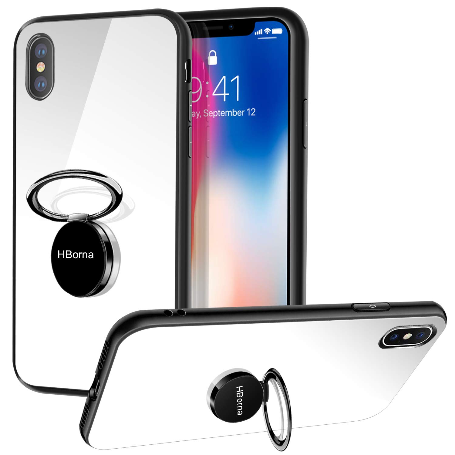 Cover iPhone X, Caso iPhone X con cover posteriore in vetro temperato Protezione Anti-Graffio con supporto per anello, Custodia protettiva per smartphone con telaio antiurto in TPU per Apple iPhone 10 (Bianco)