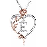 Iefil Rose Heart Necklaces Gifts for Women - 925 Sterling Silver Rose Heart Initial Necklace, Anniversary Birthday Gifts for Women, Jewelry Gift for Her Wife Girlfriend Mom Daughter