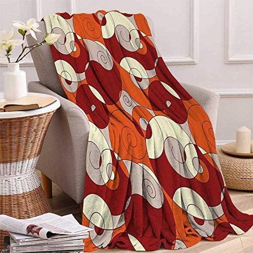 NineHuiTechnology Throw Blankets for Bed Couch Decorative Soft Chair Cover, 70"x84", Orange Ruby Ivory, Abstract Abstract Bold Spiral Motifs Circled Modern Pattern with Stripe Details