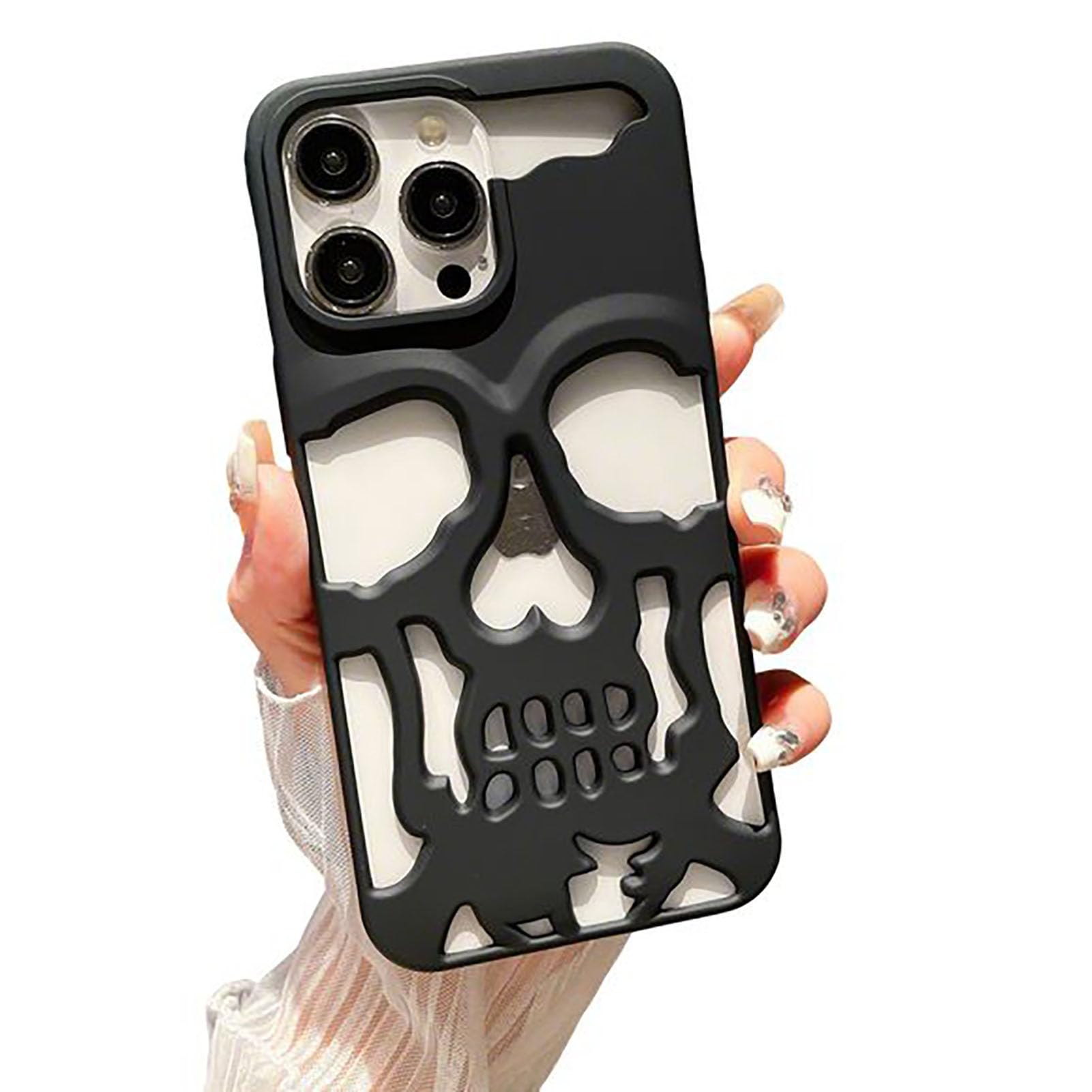 Yesunktt Skull Design for iPhone 15 Pro Case Hollow-Out Ventilation Cover Creative Gothic Skeleton Pattern Slim Lightweight Protective Phone Shell,Matte Black