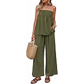 ZESICA Women's Summer 2 Piece Sets 2026 Spring Casual Strapless Tube Top Wide Leg Pants Ruffle Beach Vacation Outfits