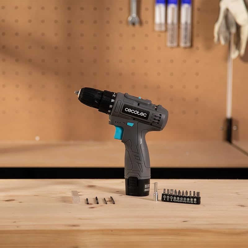Perceuse à Batterie PowerForce 1000. 12V 2000mAh, 2 Vitesses 400/1400rpm, Couple de Serrage 28Nm en 20 Niveaux, LED, Changement de Mèche sans Clé, Design Ergonomique, Inclut Embouts et Mèches