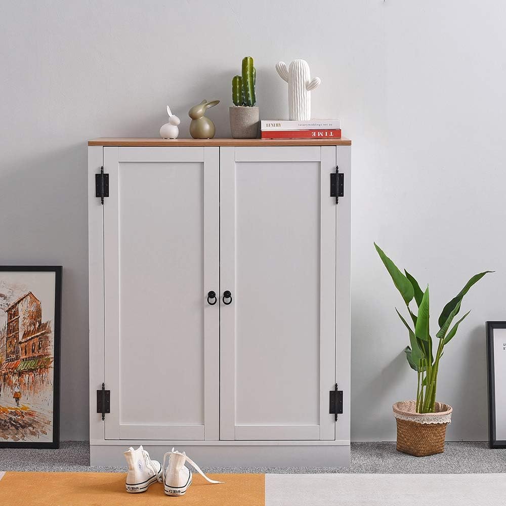 PANANASTORE 2 Doors Shoe Rack Cabinet Wooden Shoe Storage Cupboard Organizer Unit White