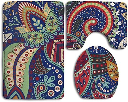 YU TING COOL Native American Paisley Non-Slip 3-Piece Bathroom Mat Set Bath Mat + Contour Rug + Toilet Lid Cover Washable Rubber Backing