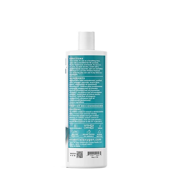 ESSENTIAL OXYGEN CERTIFIED BR ORGANIC BRUSHING RINSE, ALL NATURAL MOUTHWASH FOR WHITER TEETH, FRESHER BREATH, AND HAPPIER GUMS, ALCOHOL-FREE ORAL CARE, WINTERGREEN, 16 OUNCE