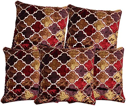 Ethnic Abstract Geometric Design Gold Embossed Printed Velvet Cushion Covers (16x16 inches, Maroon, Red) - Set of 5