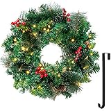 20â€ Artificial Christmas Wreath Prelit with 15â€ Hanger, Decorated with 50 LED Lights, Red Berries, Pine Cones & Glitter Pine Needles for Front Door Wall Christmas Decorations (Battery Operated)
