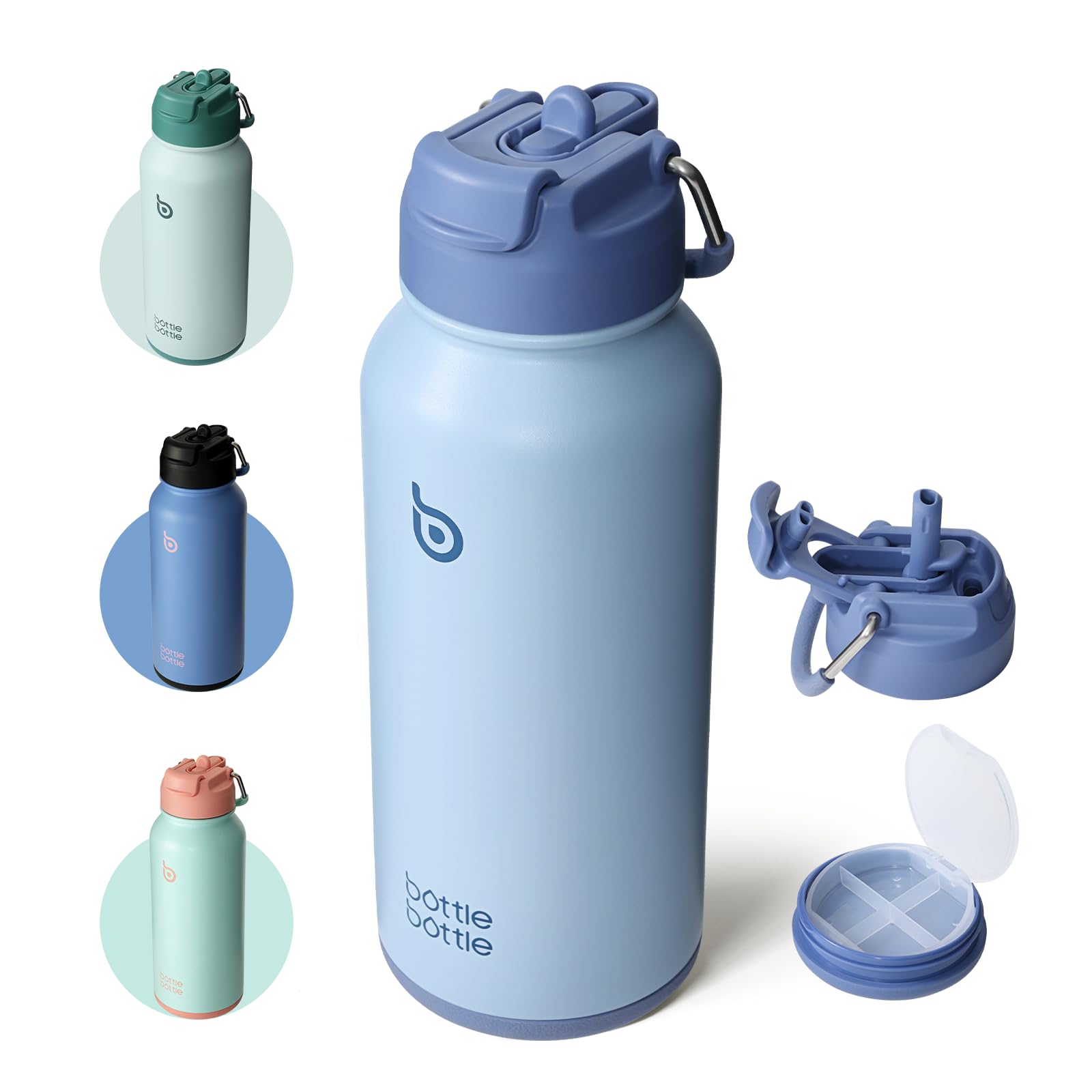 BOTTLE BOTTLE Insulated Water Bottle 950ml(32oz) Stainless Steel Sports Water Bottles with Straw Dual-use Lid Drink Flask Design for Gym with Pill Box (Blue) — image 1