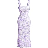 GORGLITTER Women's Floral Summer Wedding Guest Dress Ruched Cocktail Party Bridal Shower Formal Beach Midi Sun Dresses