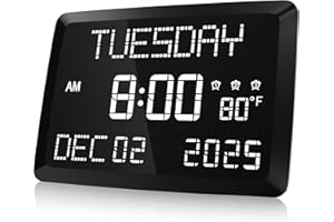 Raynic Digital Clock, 11.5" Large Display Calendar Clock with Day and Date, Indoor Temperature, Adjustable Brightness, Snooze,12/24H, DST for Home, Office, Elderly