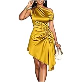 Floerns Women's Satin Off The Shoulder Dress Ruched Asymmetrical Hem Holiday Cocktail Dresses
