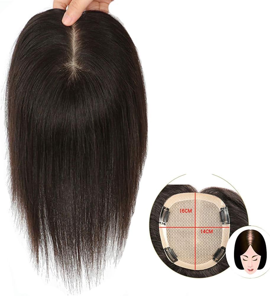 100% Real Human Hair Crown Topper with Clips, 5.5"x 6.3" Free Parting Silk Base Top Hairpieces for Women with Thinning Hair, 16" Dark Brown
