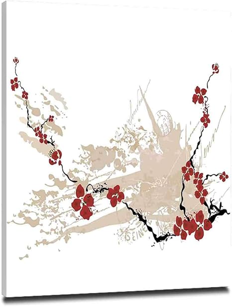 Amazon 花の家の装飾 和風 インテリア アートフレーム ポスター 40x50cm リビング ダイニング 寝室 お風呂 オフィス バー お祝いやプレゼントにも 明るいパステルカラーベージュホワイトレッドとグランジ背景に桜の花のイラスト ウォールステッカー オンライン通販