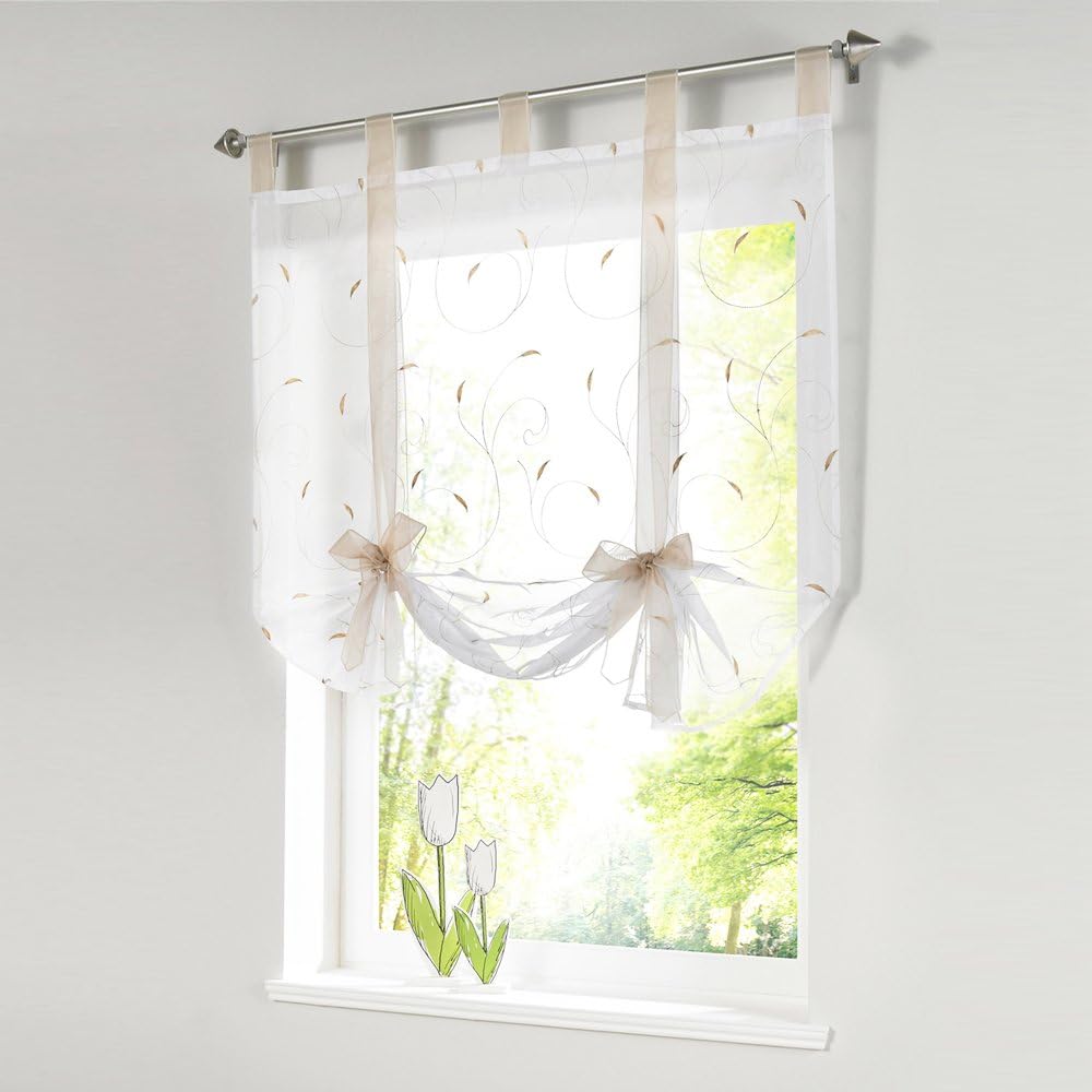 1 PC Embroidery Roman Blind Curtains Tab Top Sheer Voile Window Curtain Panel Color Brown 23 W×55H inches