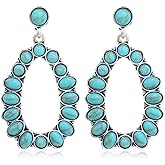 Western Turquoise Oval Hoop Earrings for Women Faux Turquoise Beaded Waterdrop Earrings Boho Country Earrings Silver Teardrop Dangle Earrings