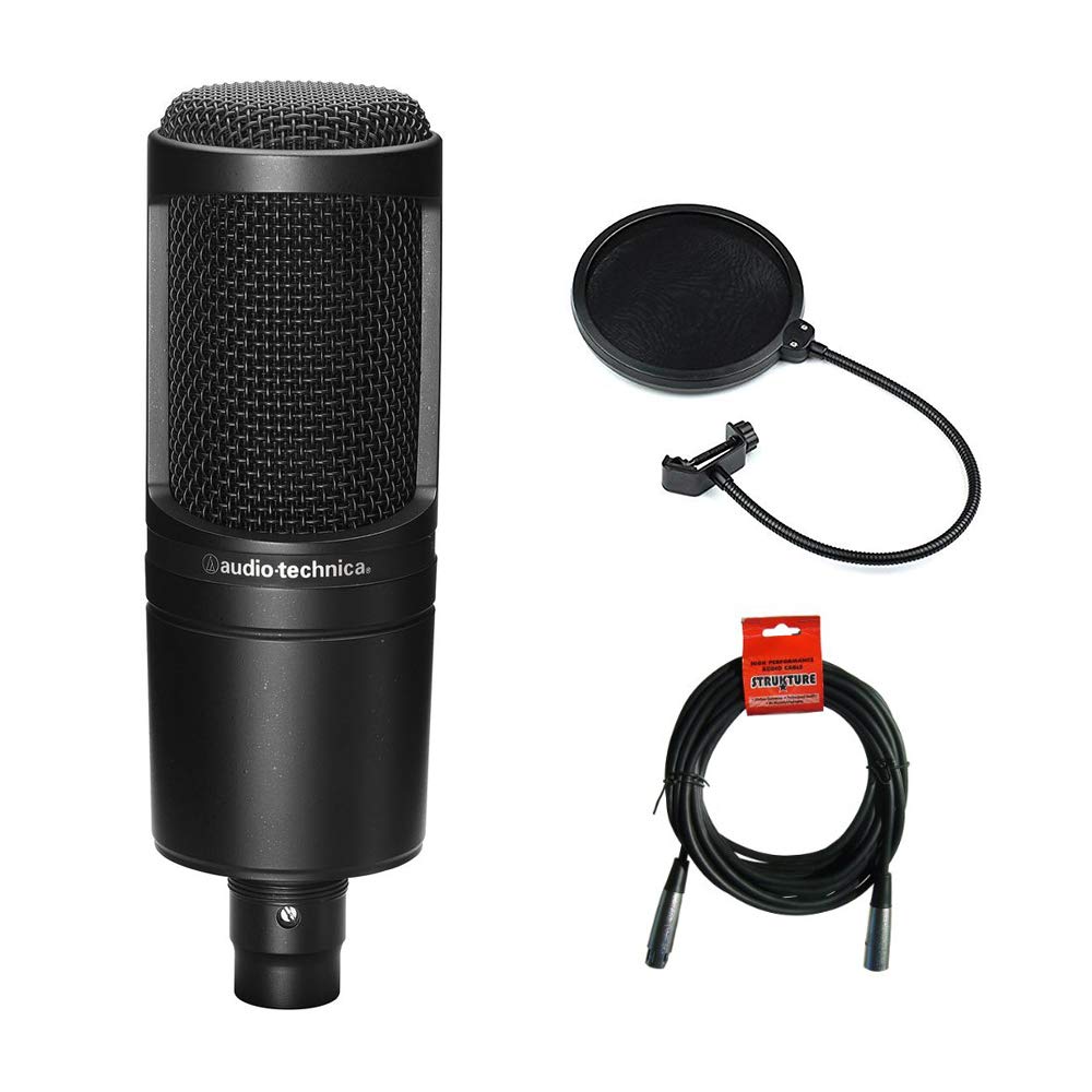 Audio Technica AT2020 Condenser Studio Microphone Bundle with Pop Filter and XLR Cable