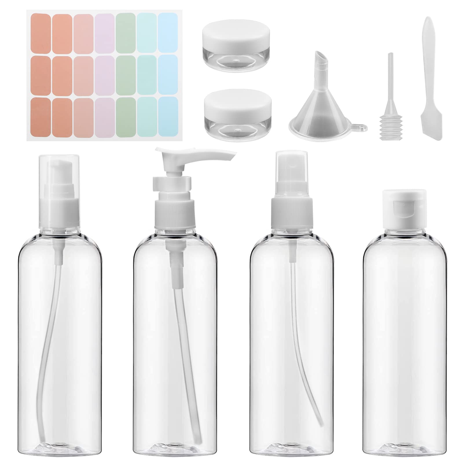 JOYSKY 10 Pack Travel Bottle Set 100ml Clear Travel Bottles Clear Bottles for Travelling 100ml with 1 Funnel and Colorful Label for Shampoo Lotions Cosmetics