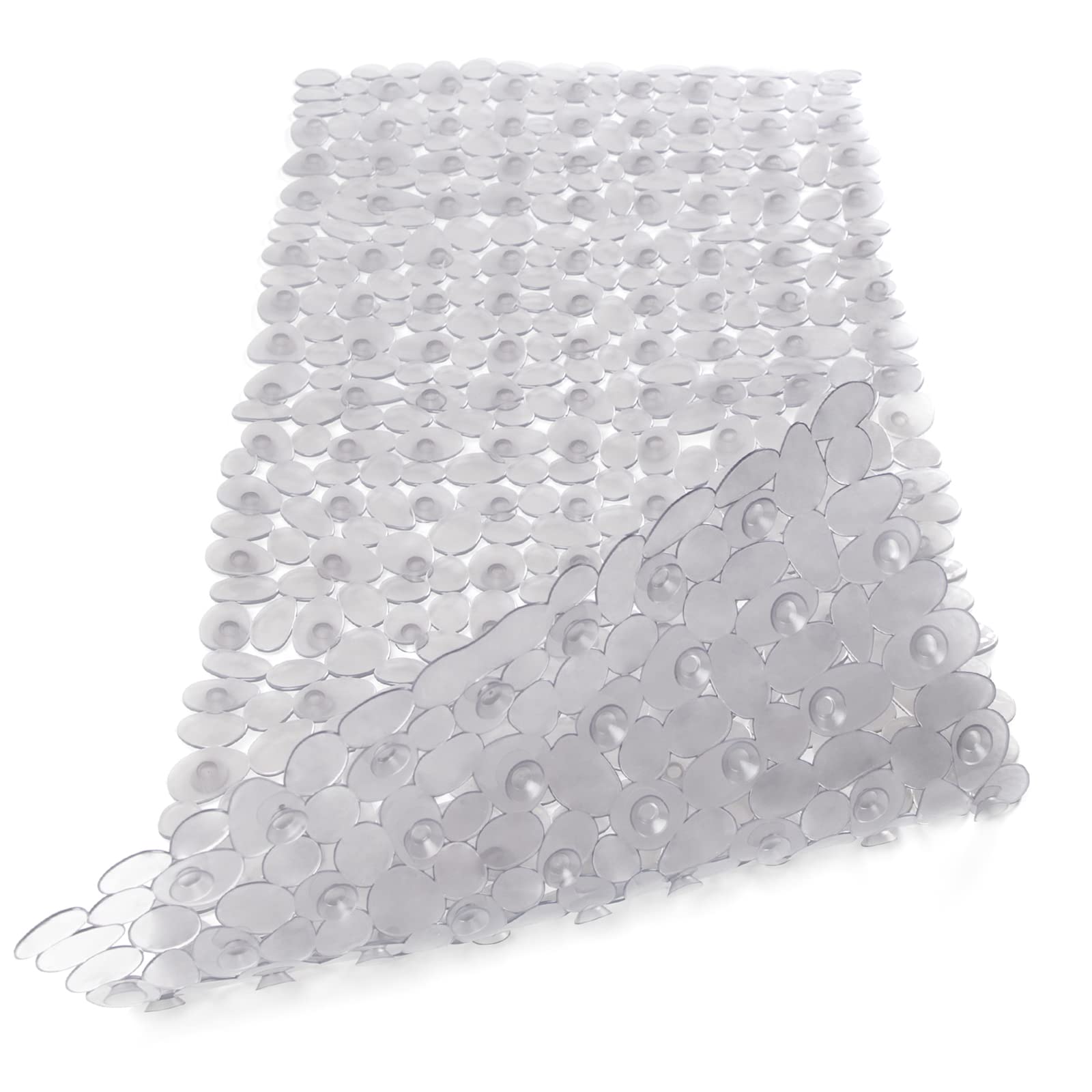 WELTRXE Non Slip Bathtub Mat 35 x 16 Inches Pebbles Shower Mats with Suction Cups, Drain Holes for Bathroom Showers, Tub, Machine Washable Bathroom Mats BPA, Latex Free Safe Tub Mats - Clear Gray