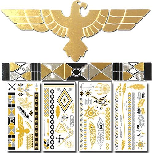 ★ Cleopatra ★ Metallic Temporary Tattoos ★ Gold, Silver, & Black ★ Hot New Theme! ★ Suns, Feathers, Bracelets, Rings, Arrows, Gold Birds, Jewels, Diamonds, and More