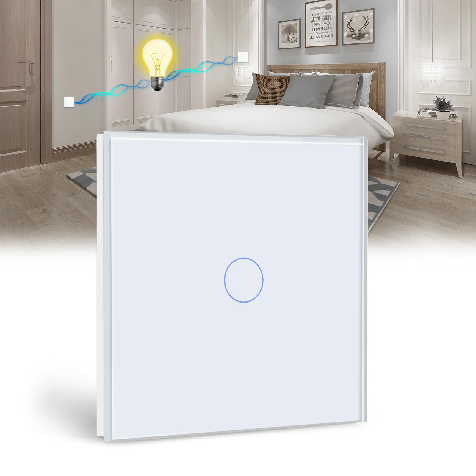 BSEED Touch Light Switch 1 Gang 2 Way, Tempered Glass Panel Light Switches with LED Indicator, White Touch Sensitive Light Switch-No Neutral Wire