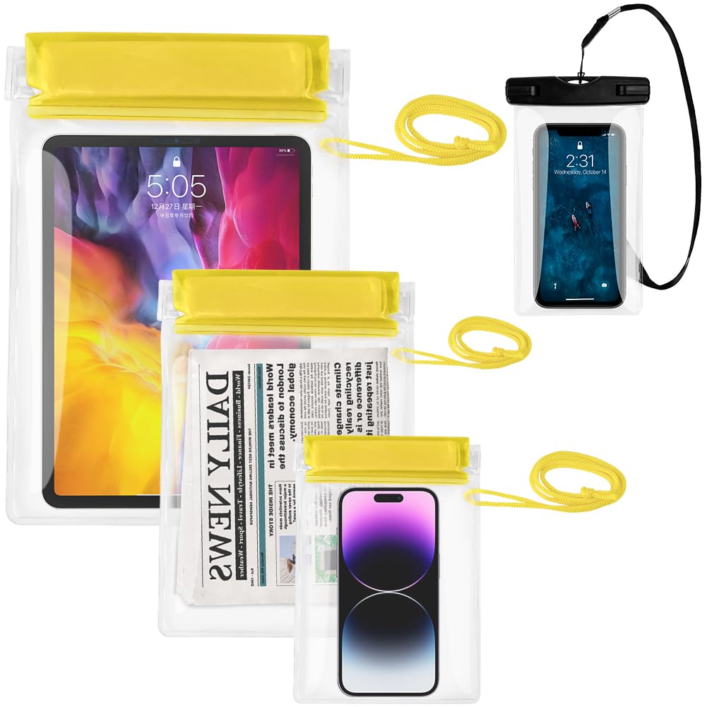 Garegce Clear Waterproof Pouch Bag, [4 Pack] Waterproof Bags Large Size Set, Waterproof Case Dry Bag for Beach/Swim/Boating/Kayaking/Hiking/Protect Phone/Camera/Cash/Document - Yellow